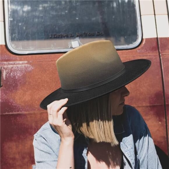Women Gradient Color Fedora Wide Brim Felt Panama Hat with Belt Buckle main image 4